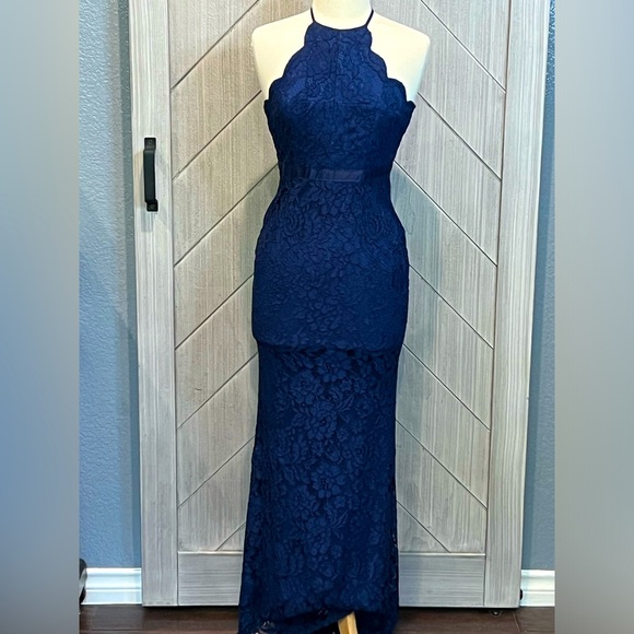 Lulu’s Navy Blue Lace Halter Dress w/Criss Cross Straps Size XS - Picture 1 of 8